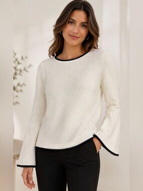 Calvin Klein Ivory Bell Sleeve Knit Sweater Contrast Trim Soft Cozy Size: M